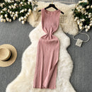 Green New Summer Knit Sexy Strap Dress Women Tank Elatic Waist Bodycon Sundress Female Beach Split Maxi Long Dress