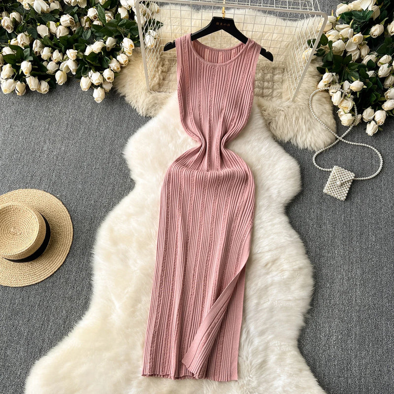 Green New Summer Knit Sexy Strap Dress Women Tank Elatic Waist Bodycon Sundress Female Beach Split Maxi Long Dress