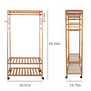 Bamboo Garment Rack with Wheels, Clothing Rack for Hanging Clothes with Hooks, Multi-functional Bedroom Clothes Rack