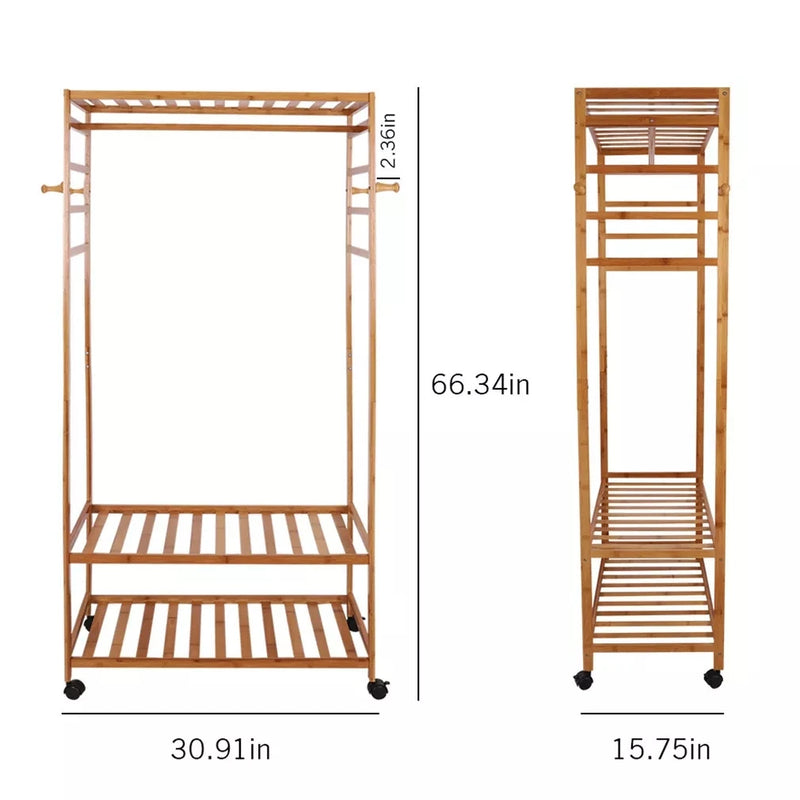 Bamboo Garment Rack with Wheels, Clothing Rack for Hanging Clothes with Hooks, Multi-functional Bedroom Clothes Rack
