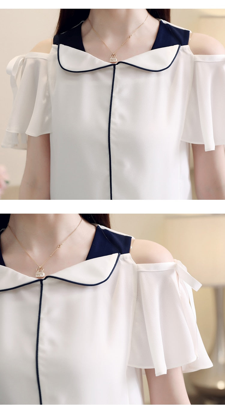 Fashion Women Blouse And Tops 2023 White Blouse Shirts Ladies Tops Chiffon Shirts Chiffon Blouse V-Neck Flare Sleeve 3630 50