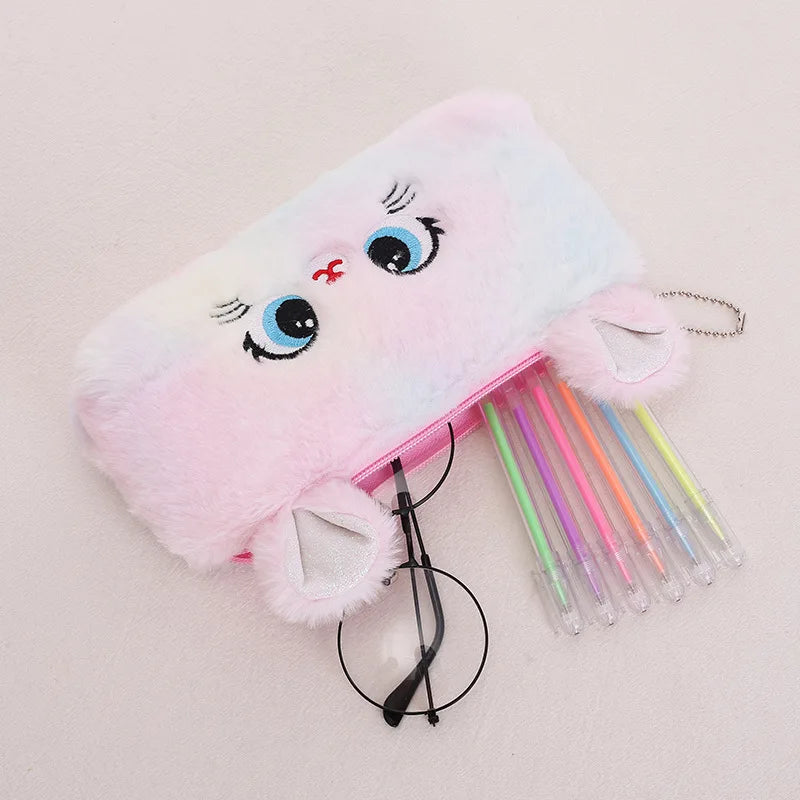 Cute Rainbow Gradient Color Cartoon Cat Plush Pen Bag Large Capacity Pencil Case Girl Stationery Storage Back To School Supplie