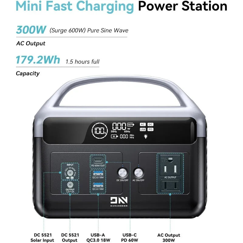 Portable Power Station 300W, Fast Charging Solar Generator with 6 Output Ports, Power Bank for Outdoor Camping