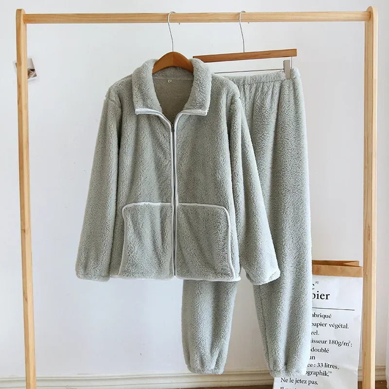 2025 Winter New Couple Sleepwear Set Flannel Zipper Long Sleeve Pants Two Piece Coral Plush Thickened Men's and Women's Home Fur