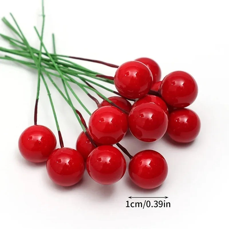 200/50pcs Christmas Artificial Berry Red Gold Cherry Stamen Mini Fake Berries Flowers Pearl Beads for DIY Christmas Party Decor