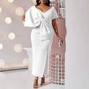 AOMEI Big Bow Long Party Dress Bodycon Elegant Sexy V Neck Short Sleeve High Slit Club Evening African Female Gowns Big Size New