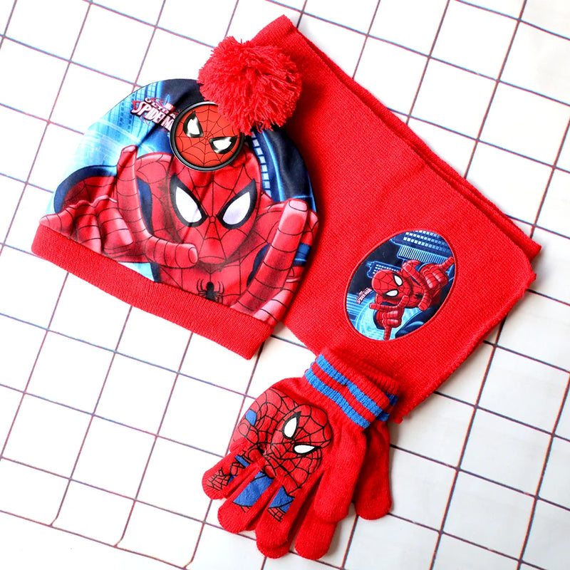 New Autumn Winter Children Hat Mickey Spider Man Colour Cartoon Woolen glove Scarf Hat 3pcs Warmth Boy Girl Child christmas hat