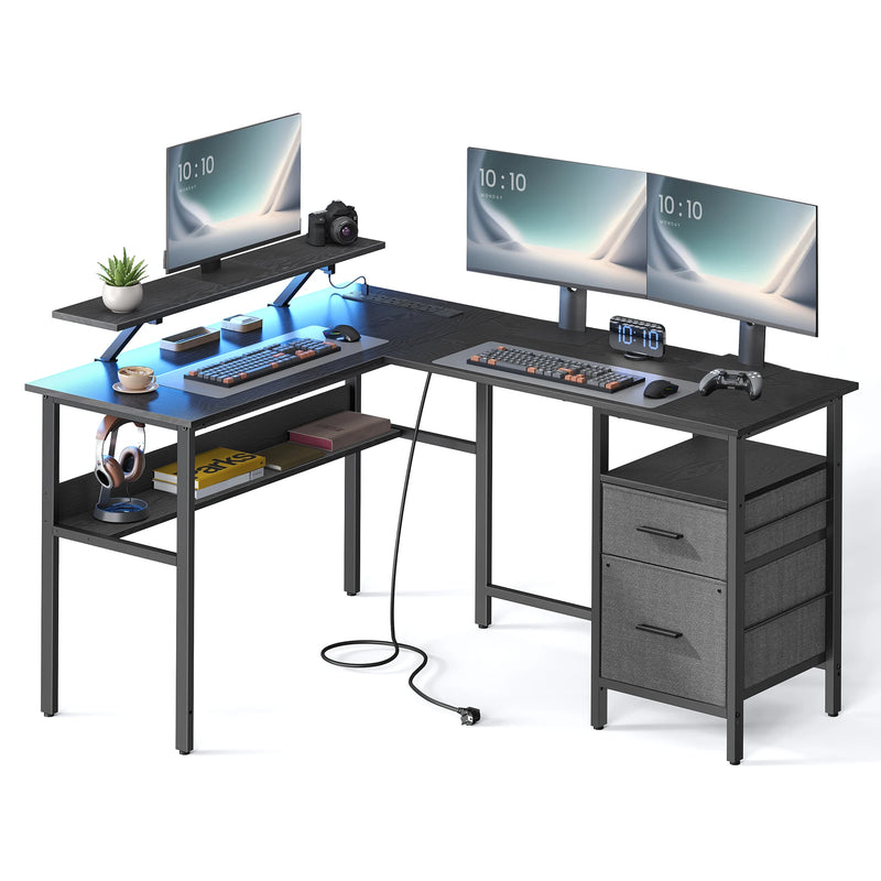 VASAGLE L-Shaped Desk with Sockets, Corner Desk, Computer Desk, Monitor Stand, Gaming Table, LED Lighting, USB Ports