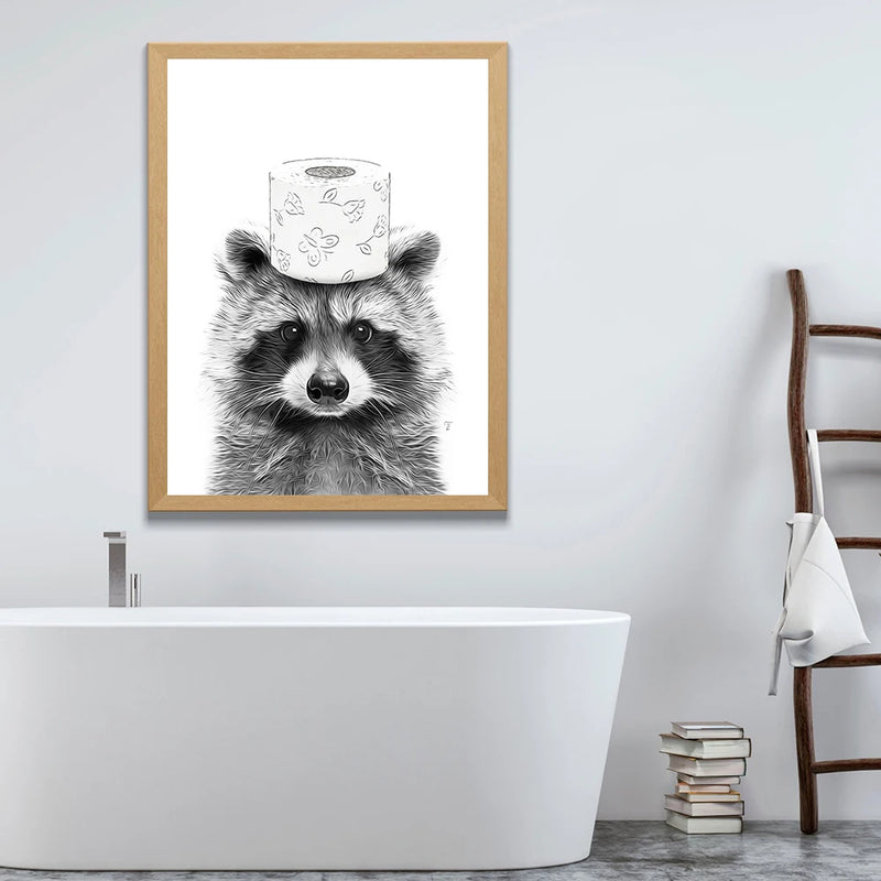 Adorable Raccoon Bathroom Roll Paper Prints Wall Art Canvas Painting Funny Toilet Poster Animal Cute Pictures Home Decoration