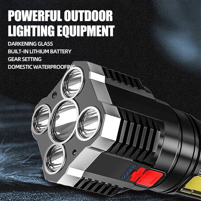 5LED High Power Led Flashlights Rechargeable Camping Spotlight with Side Light 3 Lighting Modes for Camping Adventure Outdoor