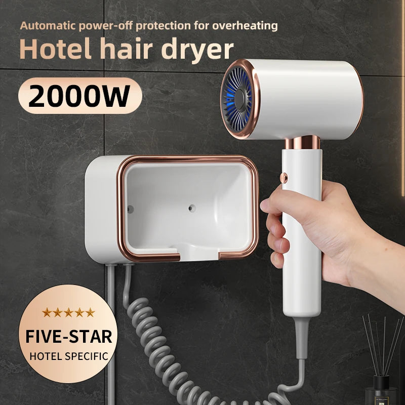 New Wall Mounted Hotel Hair Dryer with No Punching, Home Bathroom, Hotel 2000W High Power Blue Light Electric Hair Dryer