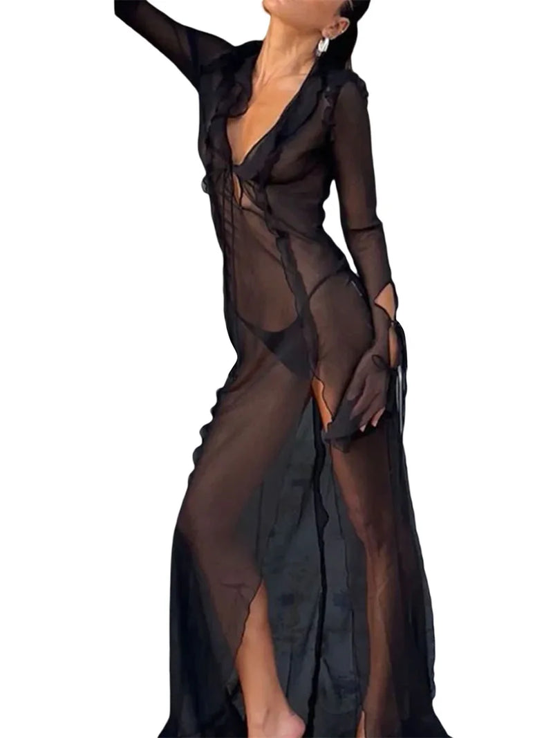 Women Y2k Sexy Sheer Mesh See Through Long Dress Gothtic Long Sleeve Bodycon Dress V Neck Tie Front Side Split Dress