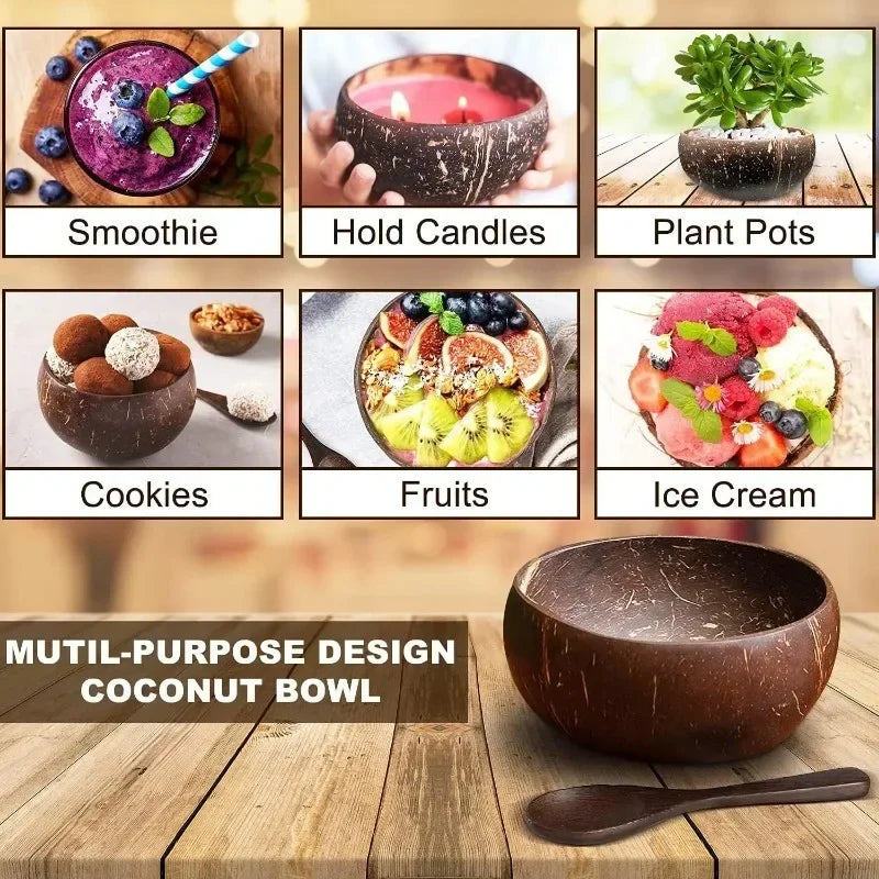 12-15cm Natural Coconut Bowl Dinner Set Fruit Salad Dessert Wooden Container Utensils Natural Coconut Bowls Kitchen Dinnerware