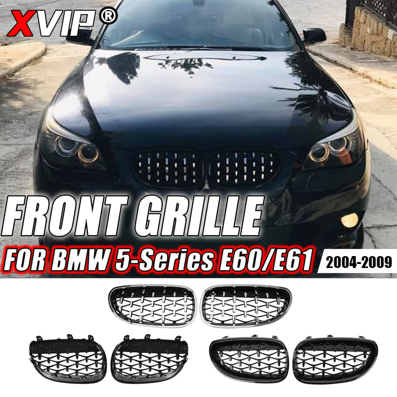 XVIP All Black Front Bumper Grilles For BMW 5-Series E60/E61 M5 325i 2004-2009 Chrome Silver Diamonds Style Grilles  Accessories