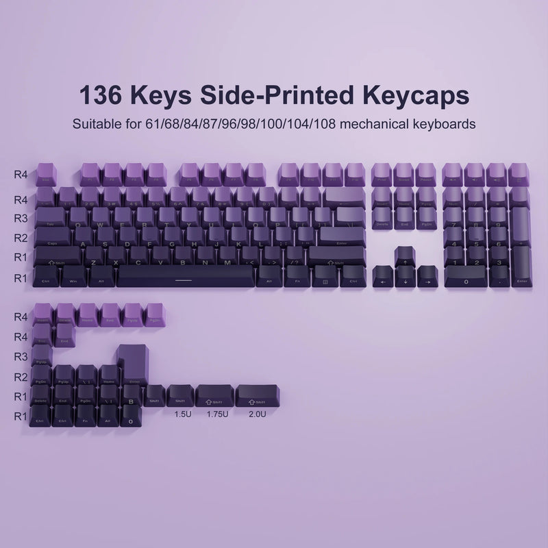 Gradient Purple Double Shot PBT Keycaps Cherry/OEM Profile 136 Keys Side Printed Keycaps for Gateron Cherry MX Switches Keyboard