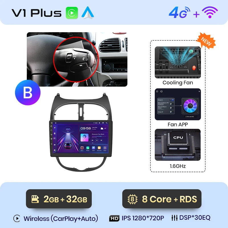 Junsun V1 Wireless CarPlay AndroidAuto Radio For Peugeot 206 206CC 206SW 2001-2008 4G Car Intelligent Systems 2Din Autoradio GPS