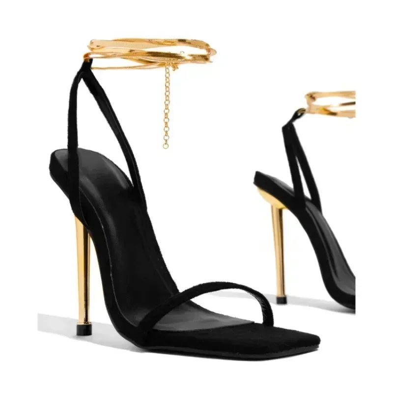 2024 Women Heels Sexy Gold Padlock High Heels Sandals Thin Single Strap Metal Stiletto Sandals Gold Heel Shoes