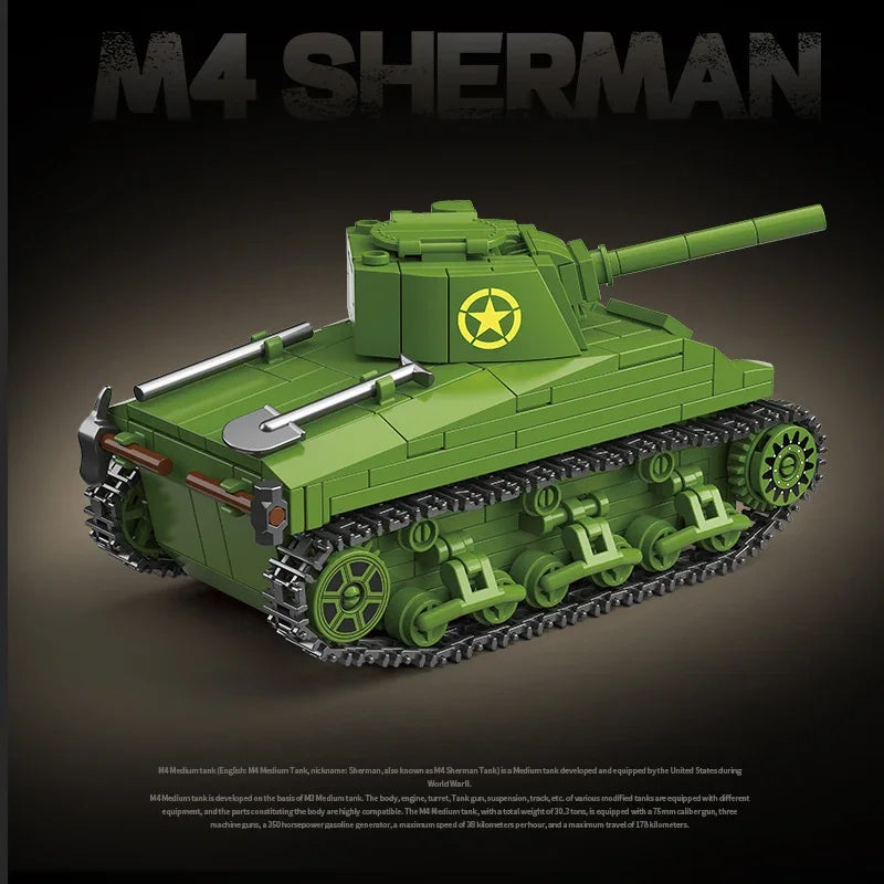 World War II WW2 Classic Model Mini M4 Sherman Medium Tank Building Blocks Bricks Toys Gifts