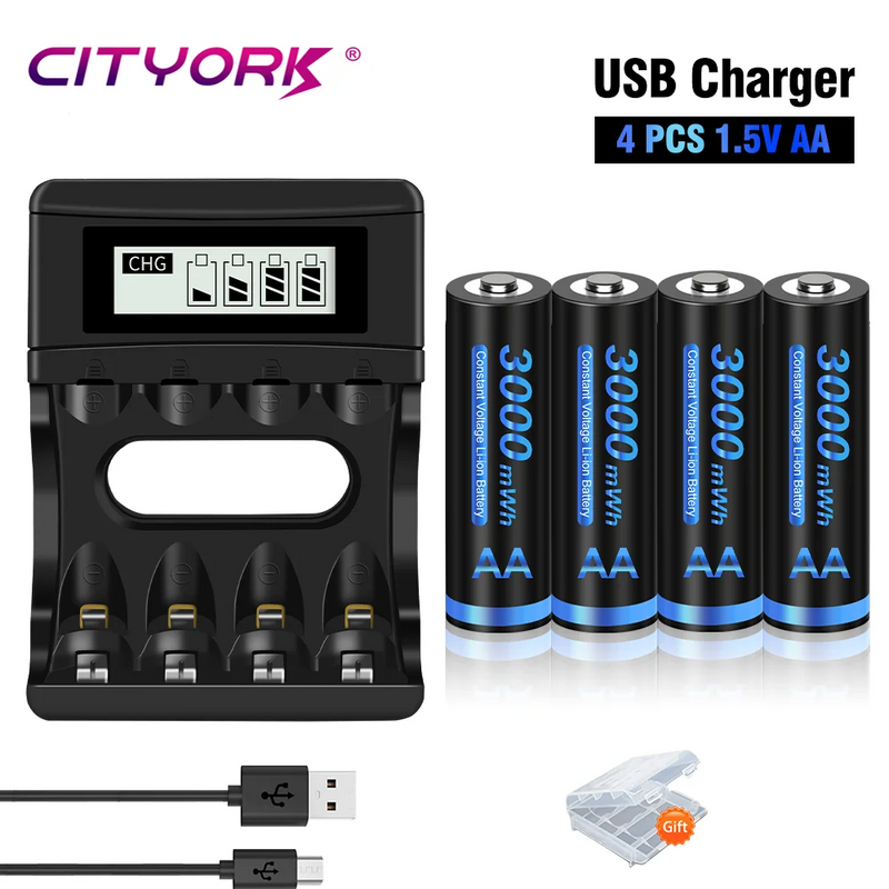 CITYORK 1.5V AA Li ion Rechargeable Battery 3000mWh 1.5 V AA Lithium ion Rechargeable Batteries With1.5V AA AAA Battery Charger