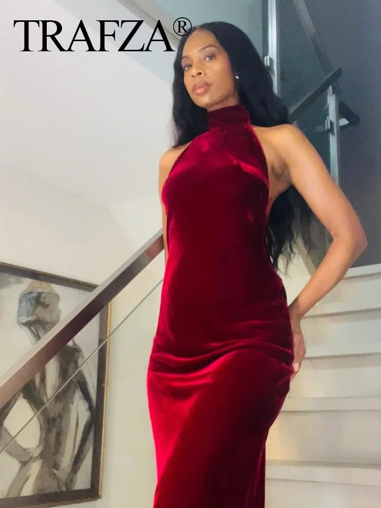 TRAFZA 2024 Female Elegant Slim Long Dresses Solid Sleeveless Backless Bow Decoration Zipper Summer Long Dress Woman Sexy Trendy