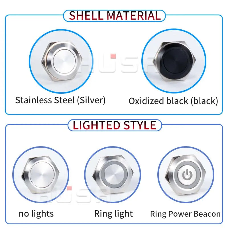 12/16/19/22/25mm Bi/tri-colour RGB Short Stroke Mini Waterproof Metal Push Button Switch Power Led Light Momentary 5/12/24V 1NO