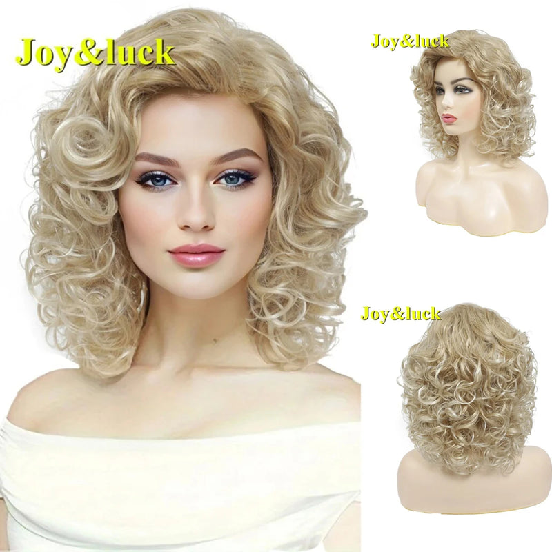 Joy&luck Short Curly Wig Synthetic Hair Wigs Gold Mix Blonde Color Women's Full Wig with Bangs Natural Daily Hair Style