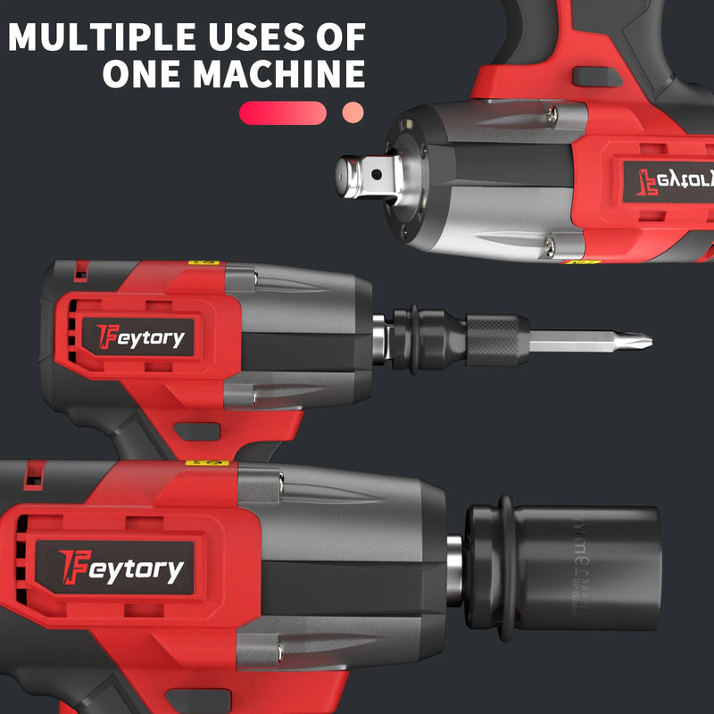 Feytory Cordless Impact Wrench,1/2" Brushless Power Impact Gun,1500N.m Electric Wrench with 4 Sockets&12PCS Screwdriver Bits