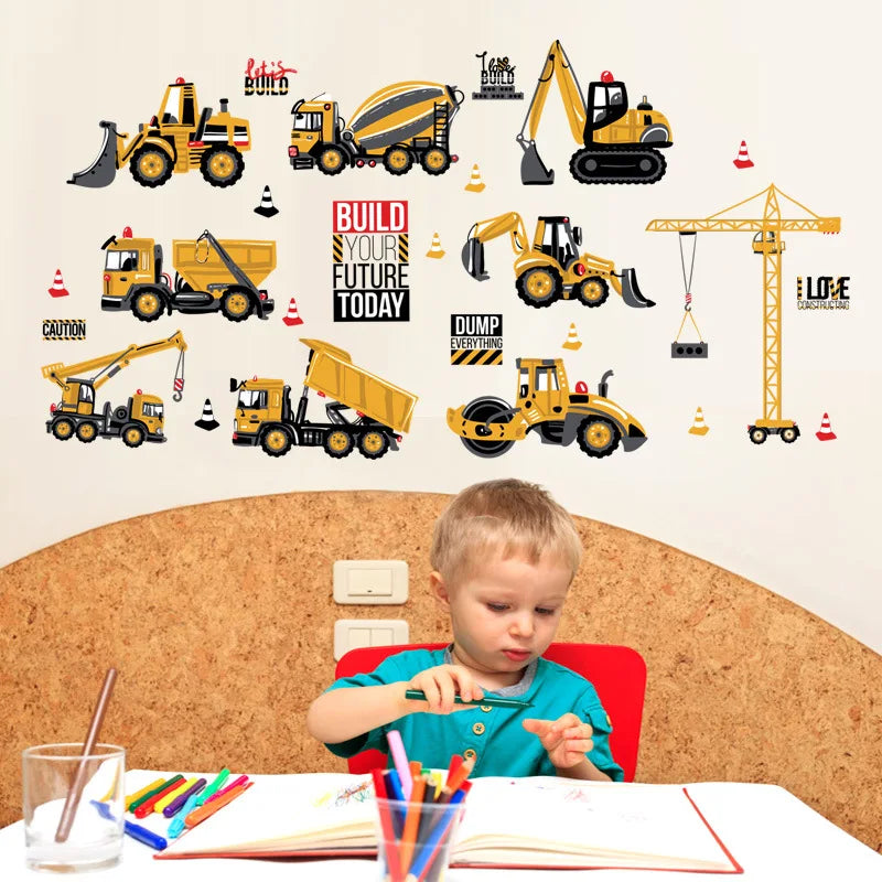 Cartoon Building Construction Vehicle Wall Sticker Home Decor Build Your Future Crane Excavator Kids Boy Bedroom Decor Decals