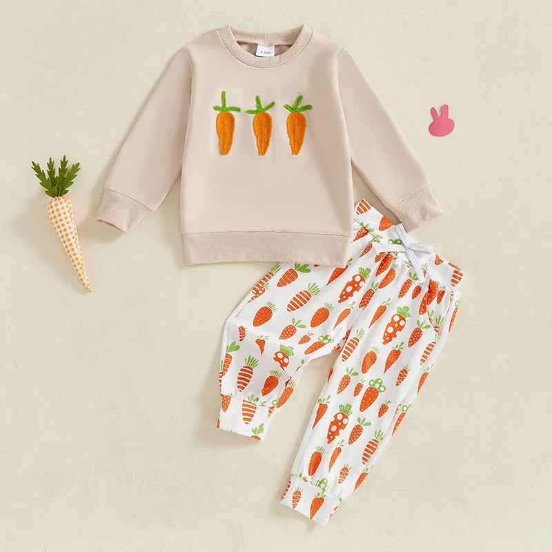 Baby Boy Easter Clothes Long Sleeve Round Neck Sweatshirt with Bunny Pattern Long Pants 2 Piece Set for Toddler Boys