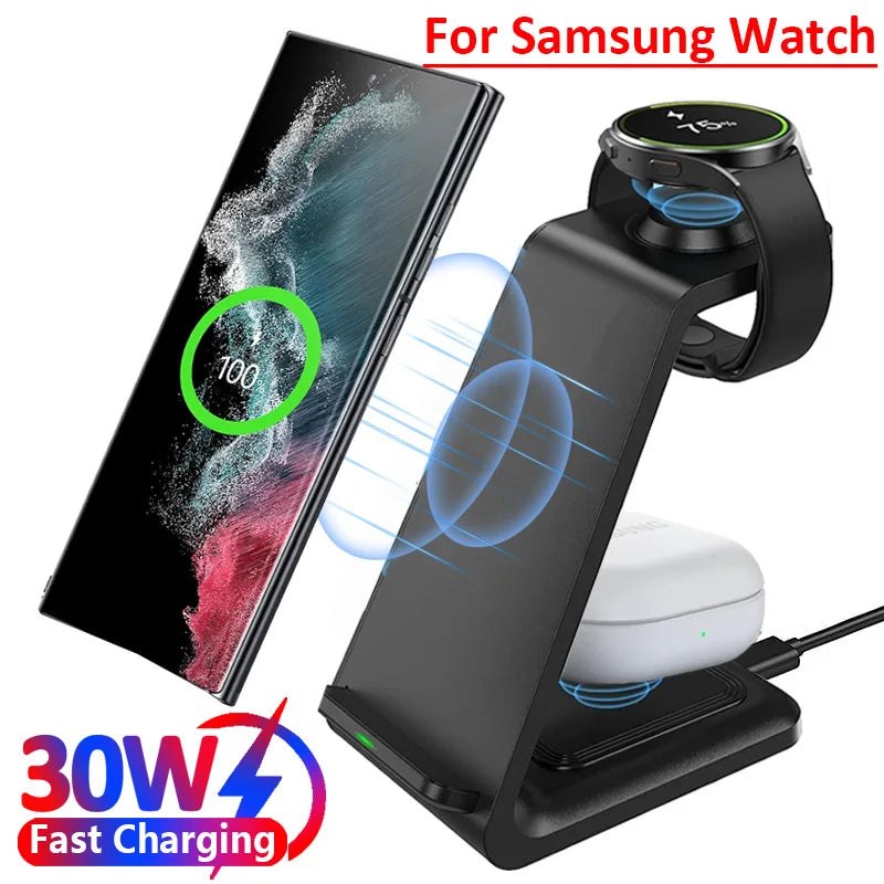 3 in 1 30W Travel Wireless Charger For Samsung Galaxy S23 S22 Watch 6 pro/5/4/3 Active 1 2 Buds 2 Pro Plus Fast Charging Station