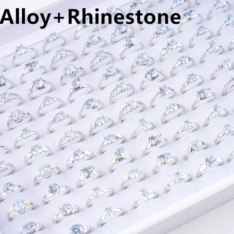 10Pcs/Lot Fashion White Zircon Rhinestone Rings For Women Trendy Simple Female Finger Jewelry Wedding Anniversary Gift Mix Style