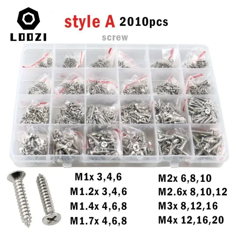 M1 M1.2 M1.4 M1.7 M2 M2.6 M3 M4 Stainless Steel Cross Countersunk Head Wood Screw Set Phillips Flat Head Self Tapping Screws Kit