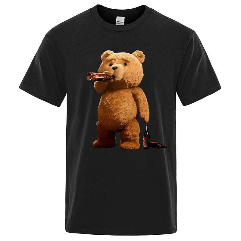 Lovely Ted Bear Drink Beer Poster Funny Printed T-Shirt Men Fashion Casual Short Sleeves Loose Oversize Tee Street Hip Hop Tops