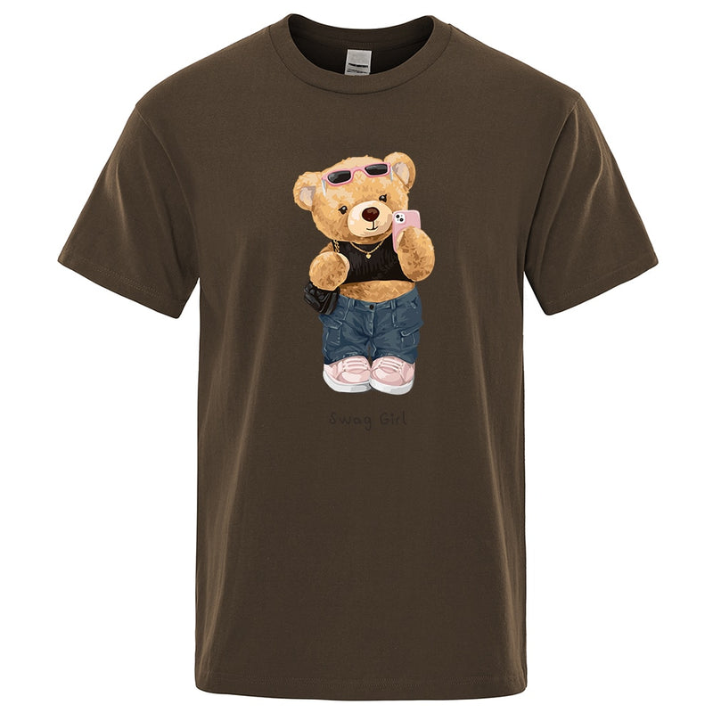 Street Teddy Bear Selfie Swag Girl  Prints Men Tops Fashion Summer T Shirt Mens Short Sleeve Hip Hop Streetwear