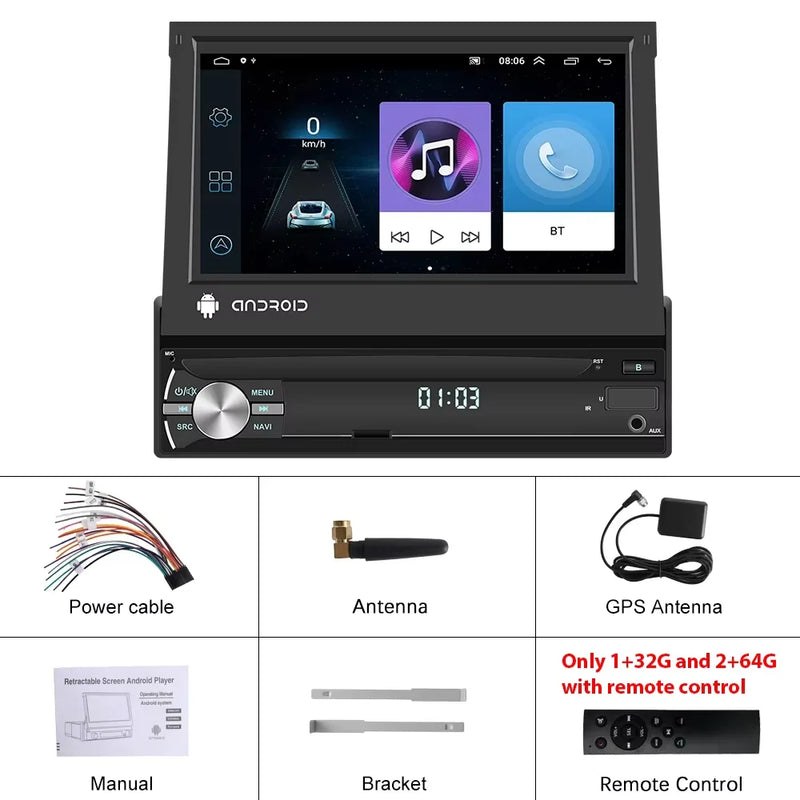 Podofo 1Din 7 ''Car Multimedia Player 8 + 128G 8Core Car Radio Carplay Android Car WIFI GPS Navigation Retractable Screen Stereo
