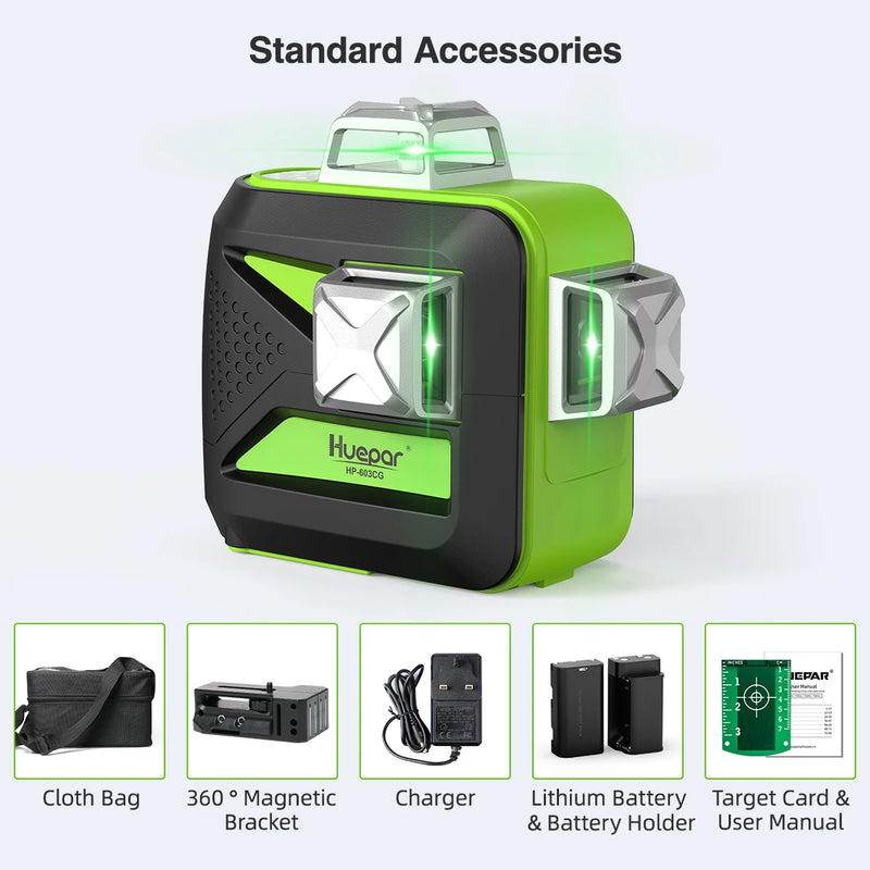 Huepar 3D 12 Lines 603CG Green Beam Self-Leveling Laser Level 3x360 Cross Line Laser USB Charge Dry Li-ion Battery with Receiver