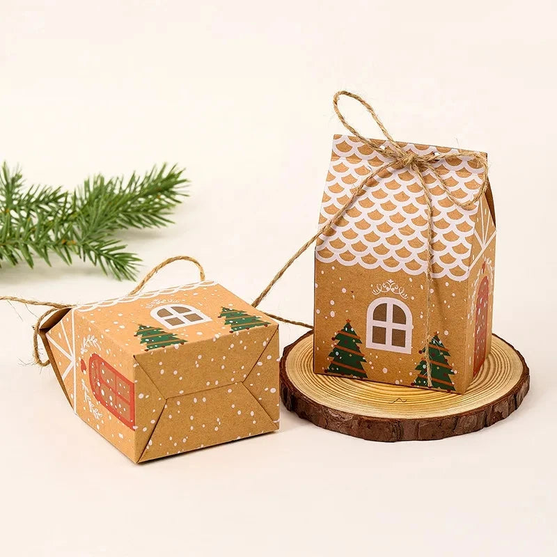 MissDeer 5Pcs Merry Christmas Gift Bags House Shape Kraft Paper Candy Cookie Bags Packaging Boxes Christmas Tree Pendant Party D