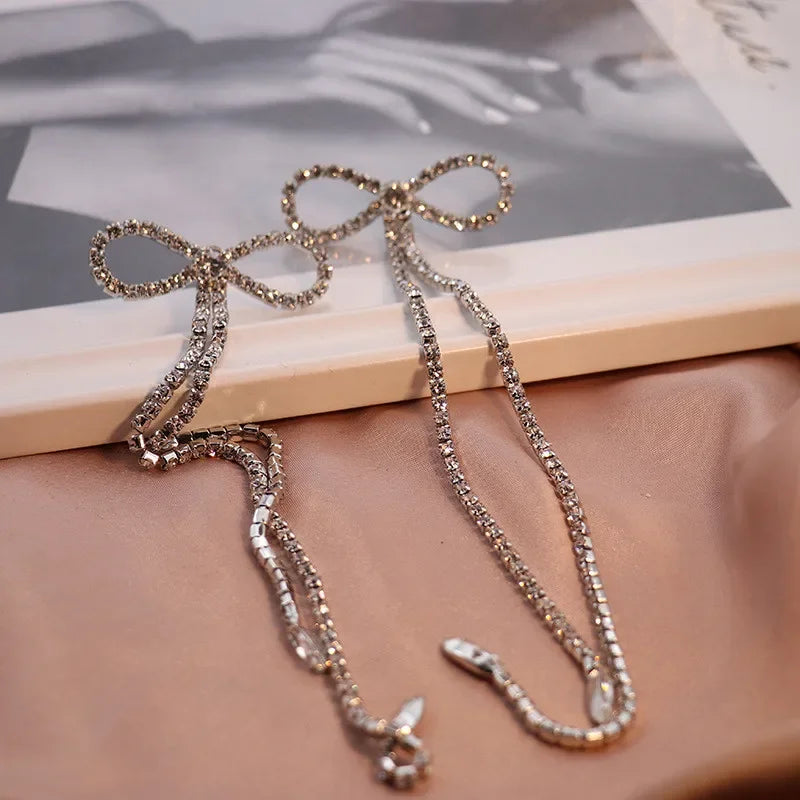 Black White Rhinestone Bow Knot Long Chain Dangle Earrings for Women Fashion Jewelry Bohemian Collection Earrings Accessories