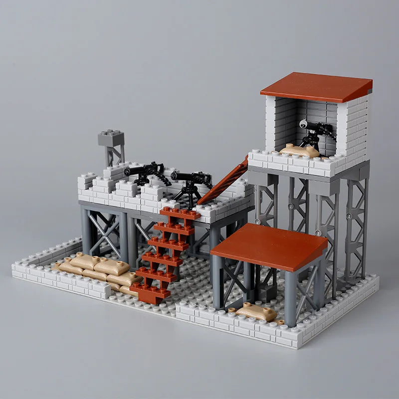 Military MOC Sentry Building Block Soldier Sandbag Fence Cannon Shell Barbed Wire Weapon Rack Training Field Watchtower Toy K018