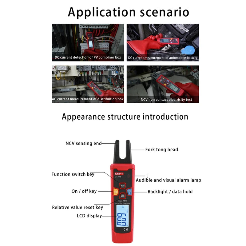 UNI-T UT256 60A AC/DC Fork Meter/True RMS Auto-Range Digital Clamp Ammeter/Electrical Universal Meter