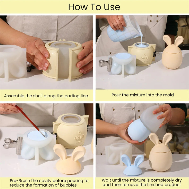 Hoppy Bunny - Eared Easter Egg Candle Jar Silicone Molds for Cement Handmade Storage Box Molds for Concrete Easter Home Decor