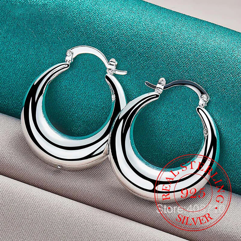 Circle Smooth U Shape Big Hoop Earrings for Women 925 Sterling Silver Hoops Female Jewelry Gift aretes de mujer