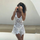 2025 Summer Hollow Out Lace Mini Dress Women Sexy V-neck Spaghetti Straps Backless Vacation Beach Outfits Bikini Cover Ups
