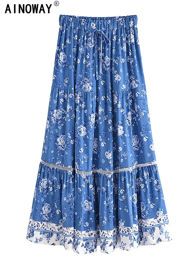 Vintage Chic Women Floral Print Summer Elastic Waist Pleasted Long Boho Skirt Rayon Cotton Bohemian Beach A-line Maxi Skirts