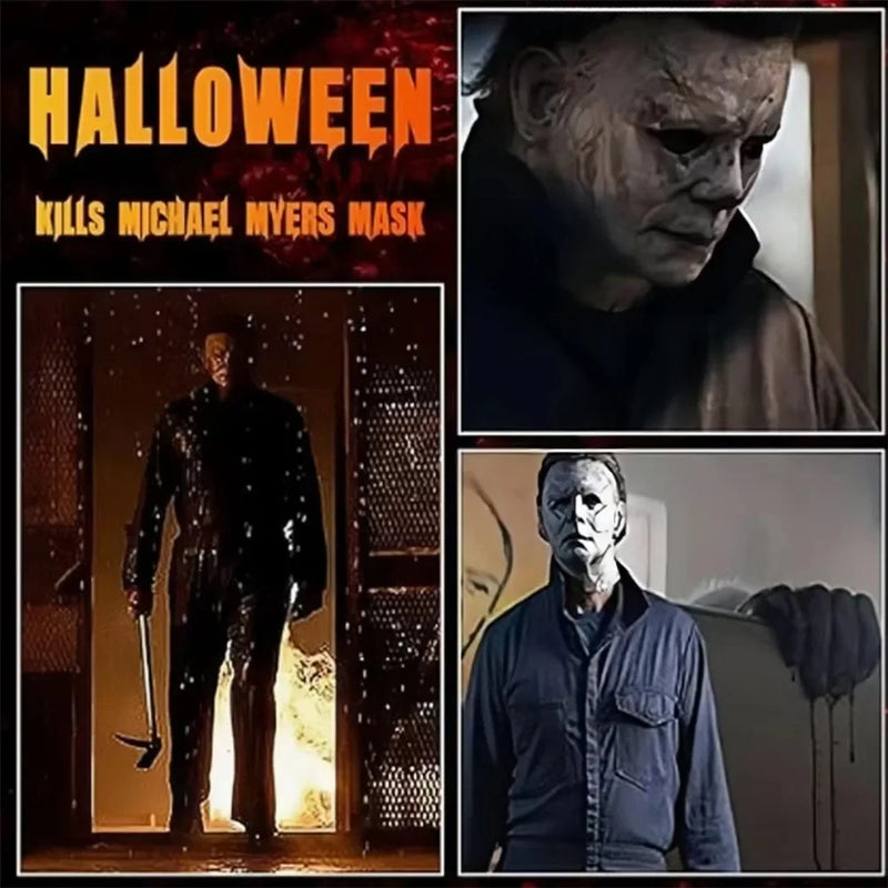 Halloween Michael Myers Mask Scary Killer Full Head Mask Creepy Fire Burn Scar Latex Face Mask Cosplay Costume Party Props Knife