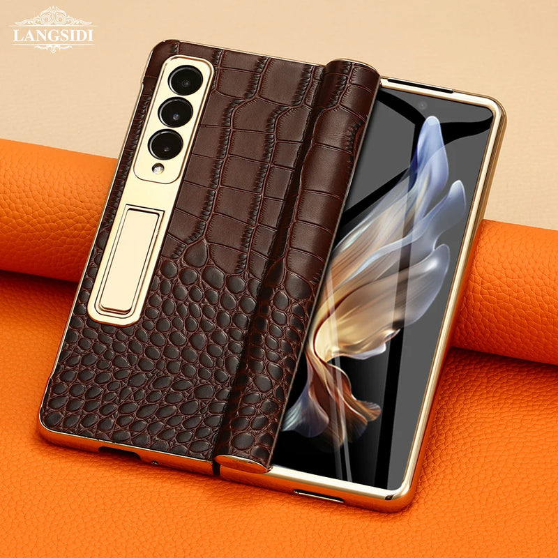 Leather Phone Case for Samsung Galaxy Z Fold 5 4 3 Fold4 Fold5 Gold Plating Magnetic Hinge Stand Back Cover with Mirror Film