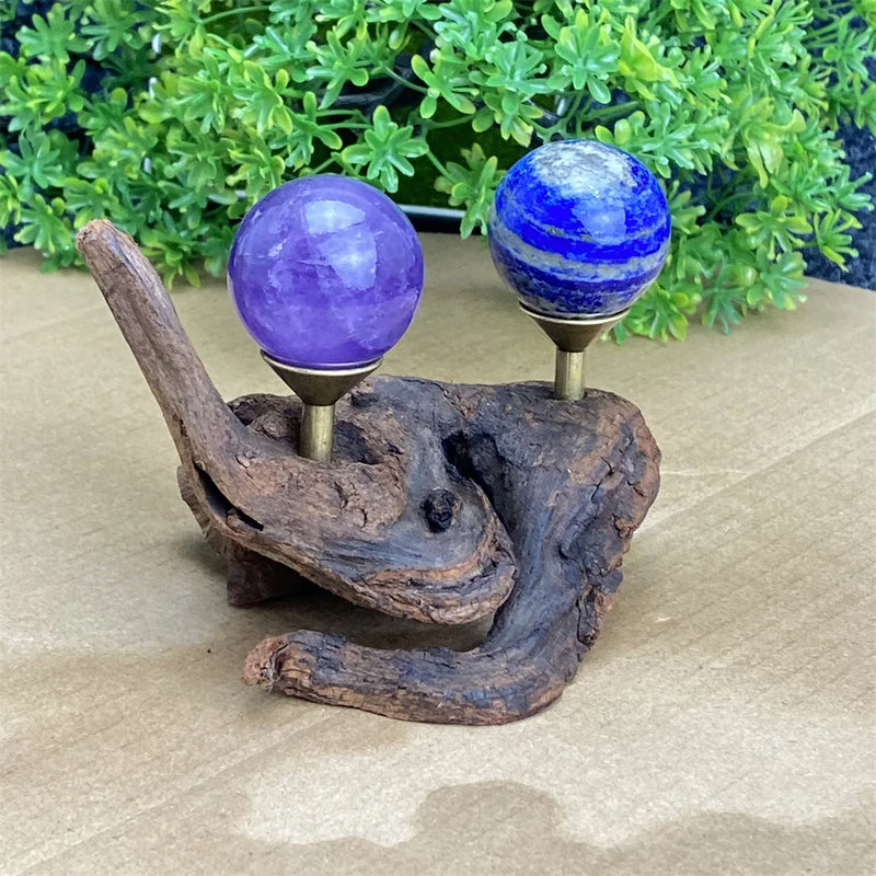 Wholesale double crystal ball wooden stand unique natural driftwood crystal ball egg display stand home decoration