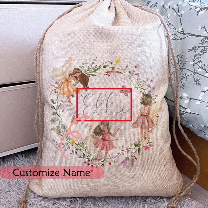 Personalised custom name gift bag toy Sack Fairy Woodland kid Girl Birthday party Baby Shower Christmas present Nursery Storage