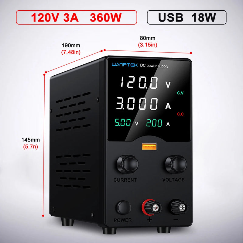 Wanptek Laboratory Power Supply 30V 5A 30V 10A 60V 5A 120V 3A Adjustable with USB fast Charging Regulator DC Power Supply