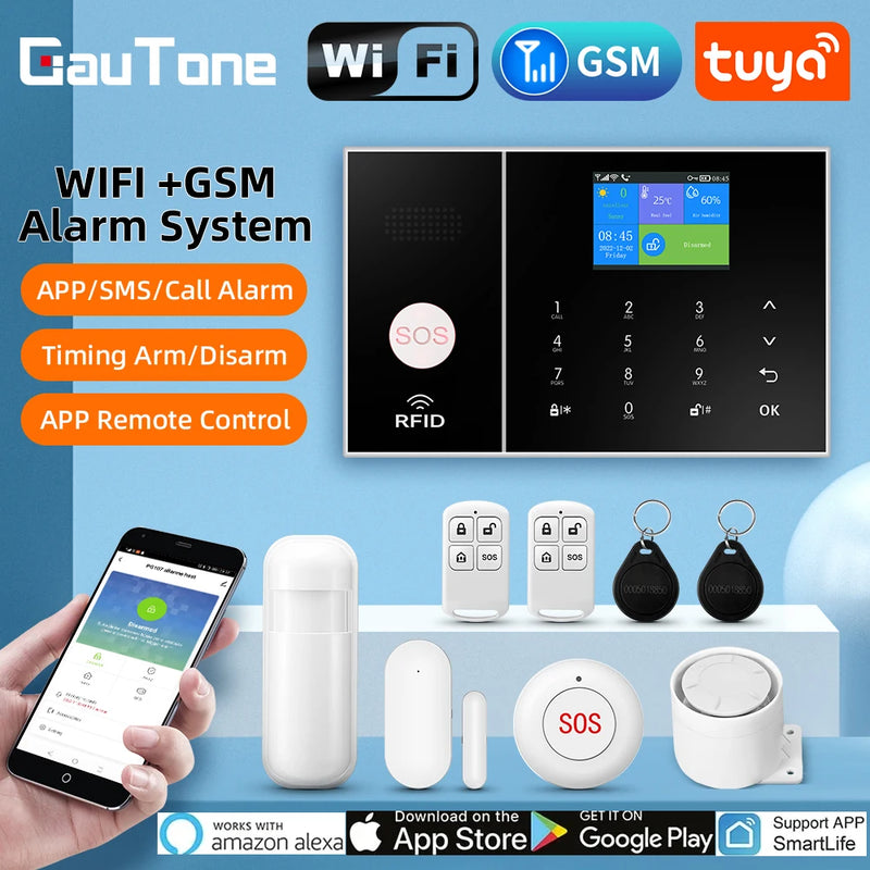 GauTone Tuya Smart Home Gsm Wifi Alarm System Home Security Smart Life App Control work with ALexa Motion Detector Door Sensor